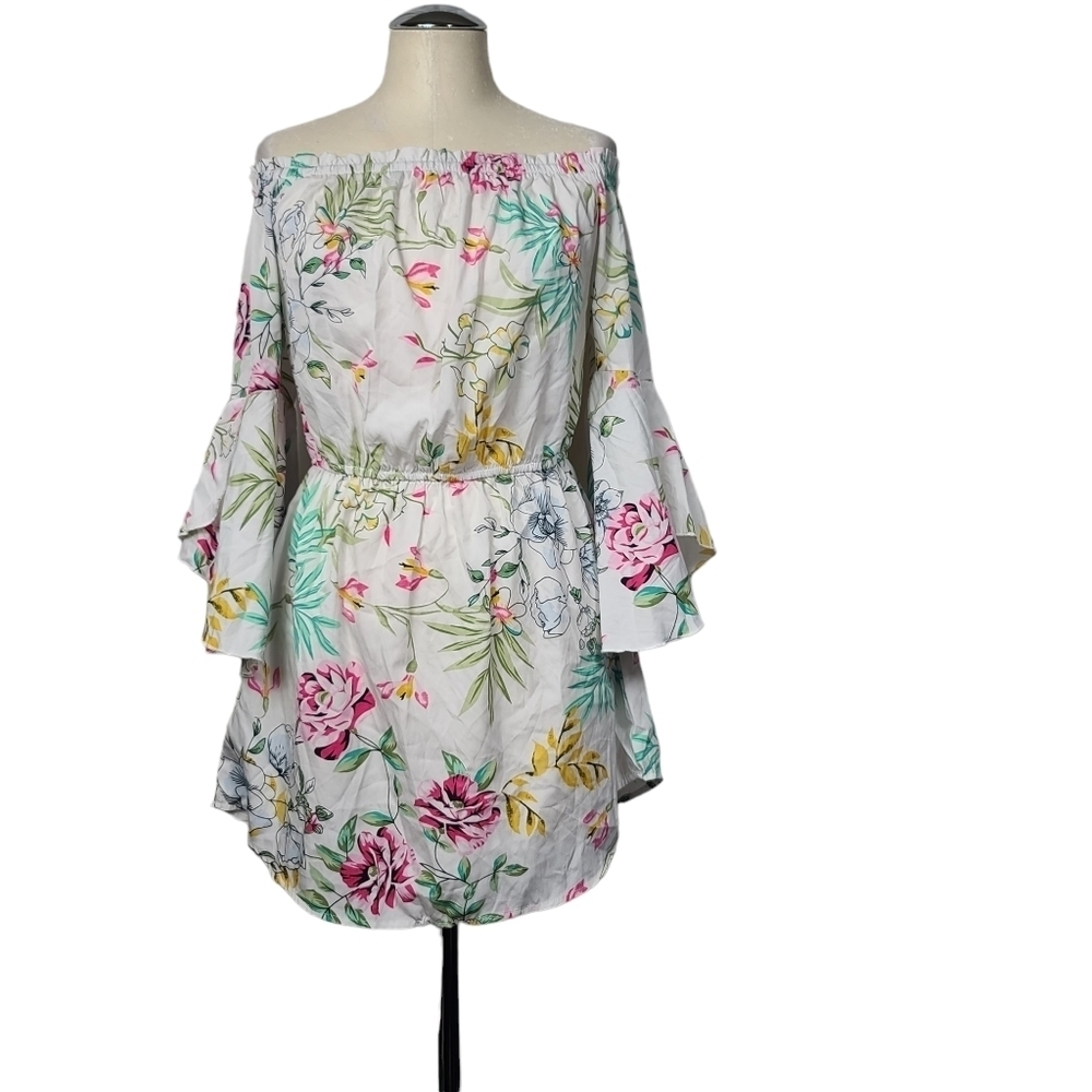Hint Of Blush Floral Print Tunic Bell Sleeves Off Shoulder Mini Dress M